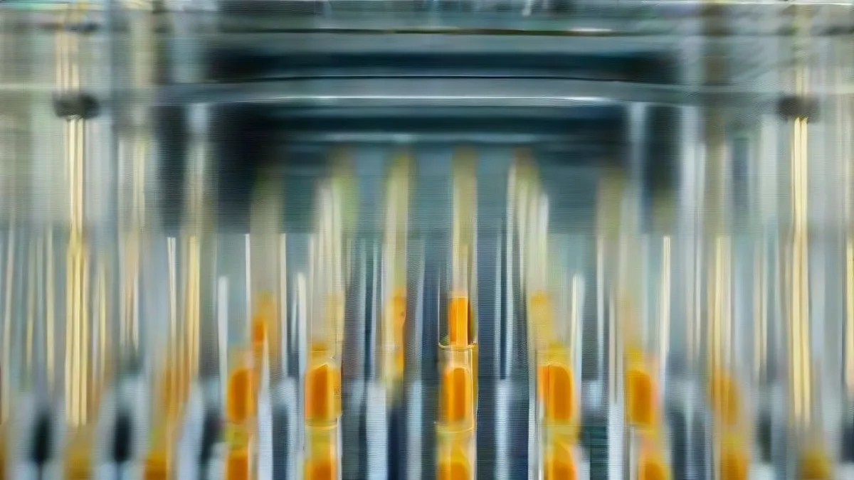 Industrial beverage canning line with aluminum cans moving along automated conveyor belts