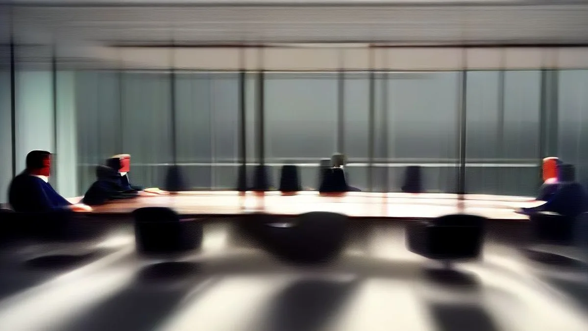 Corporate directors gathered around a mahogany conference table in a modern boardroom during an executive governance meeting