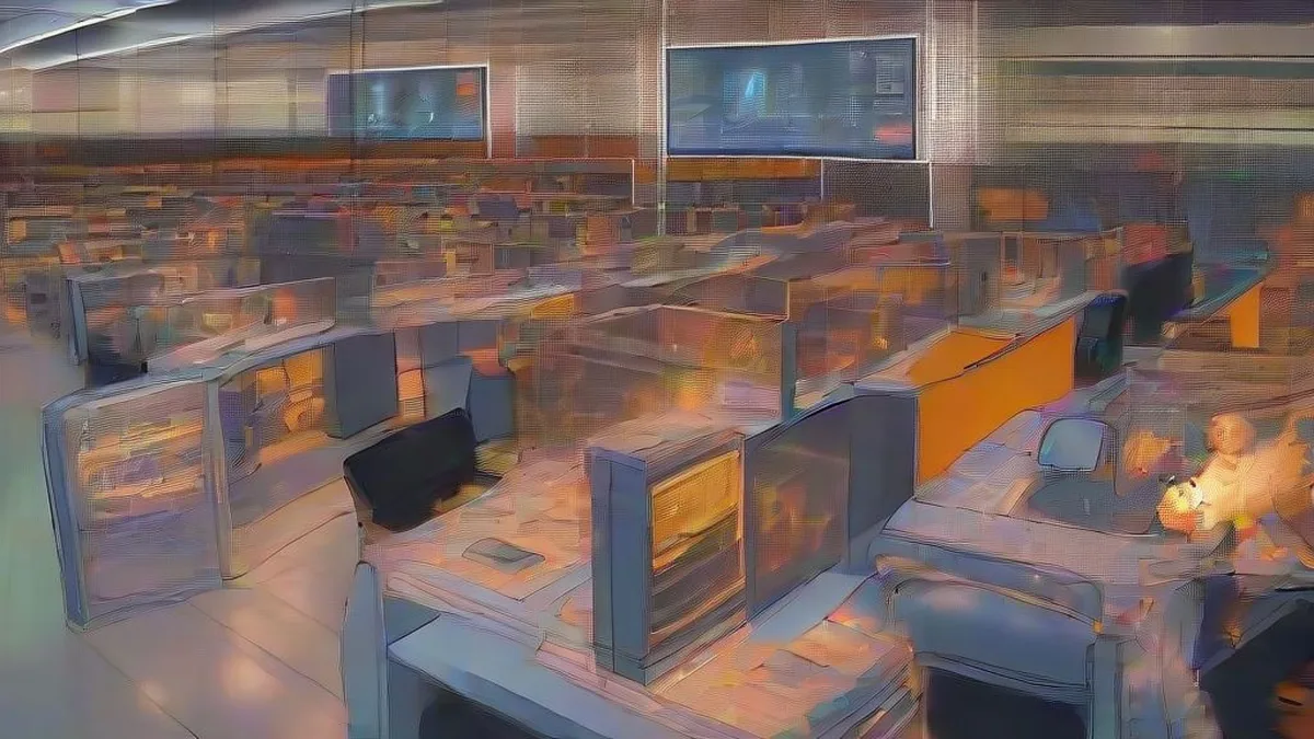 Cybersecurity operations room with specialists working late at night in front of computer screens.