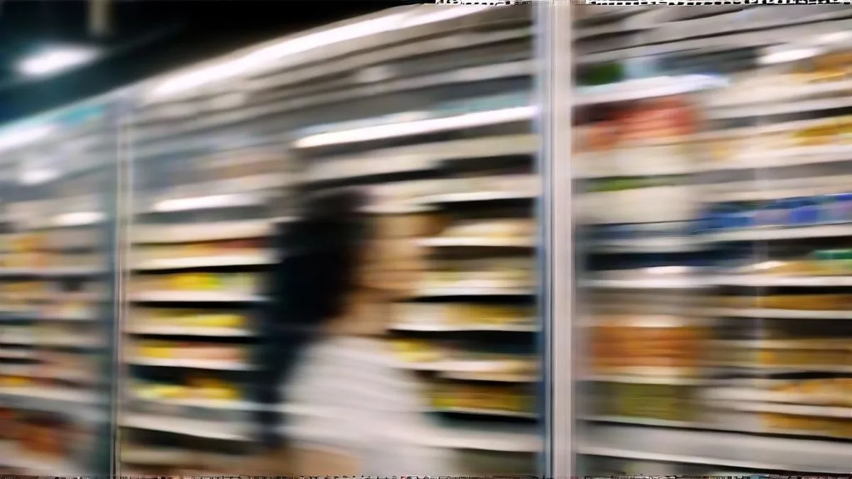 A shopper examining retail items on a shelf in a modern supermarket aisle