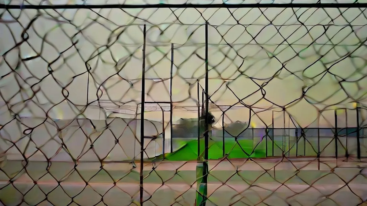 An empty football turf under stadium lights with practice cones and goal nets in the distance