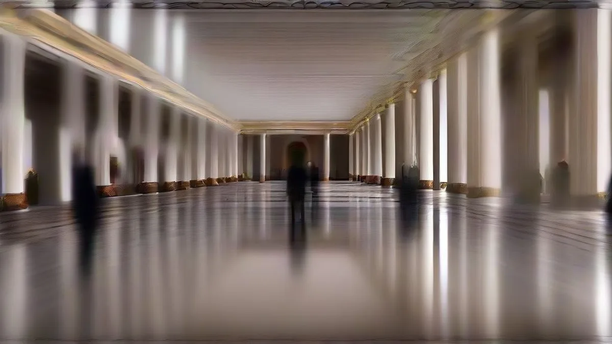 Lawyers in black coats standing in a heritage high court corridor
