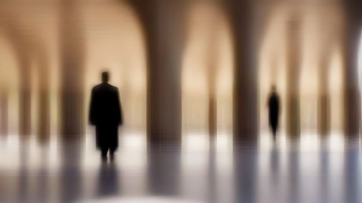 Sunlit corridor of an Indian High Court with classical arched pillars