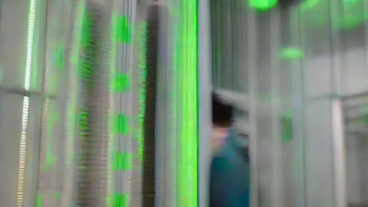Engineers walking down an aisle of high-performance computing servers in a modern data center