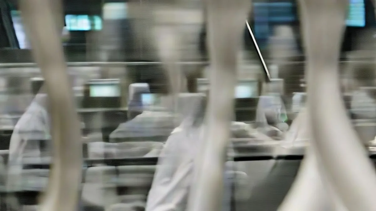 A financial trader at a multi-monitor desk on an institutional trading floor observing market activity.