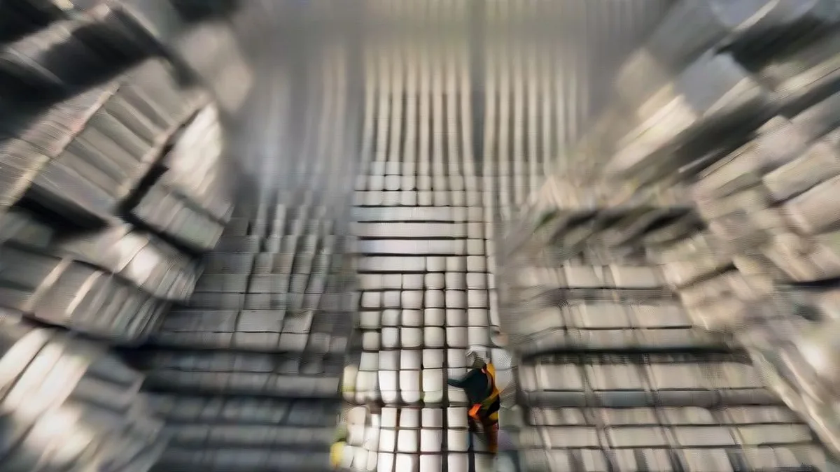 Stacks of industrial aluminum ingots in a commercial distribution warehouse