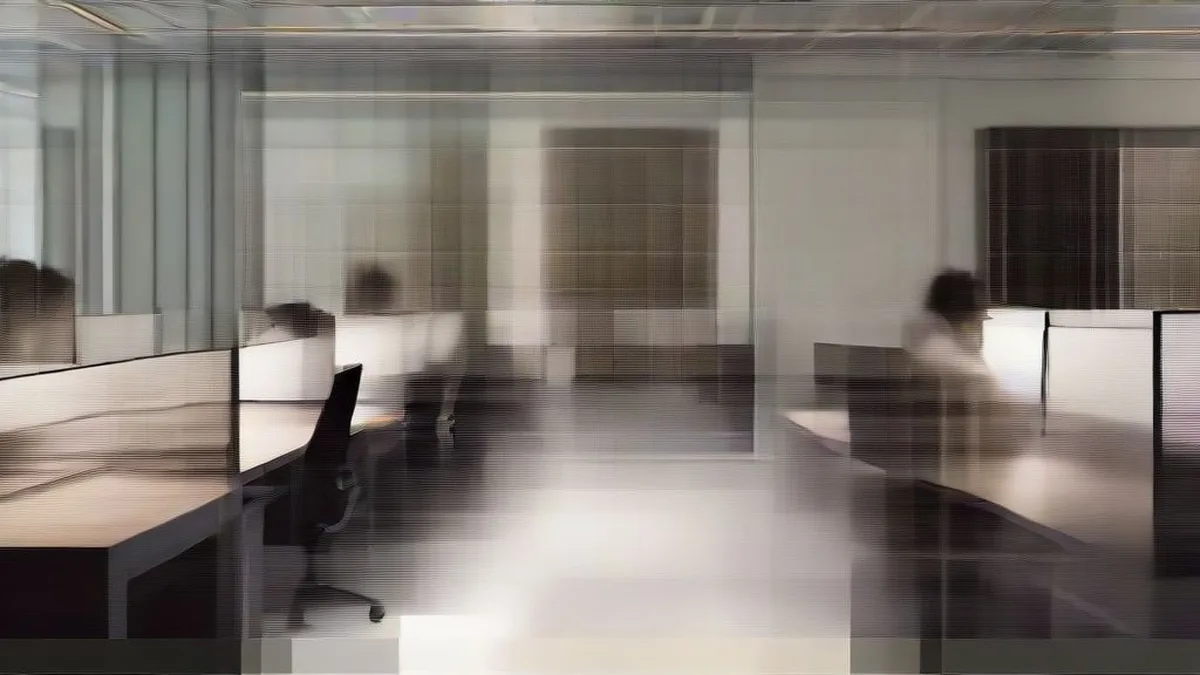 A software engineer working on computer monitors in a contemporary office setting