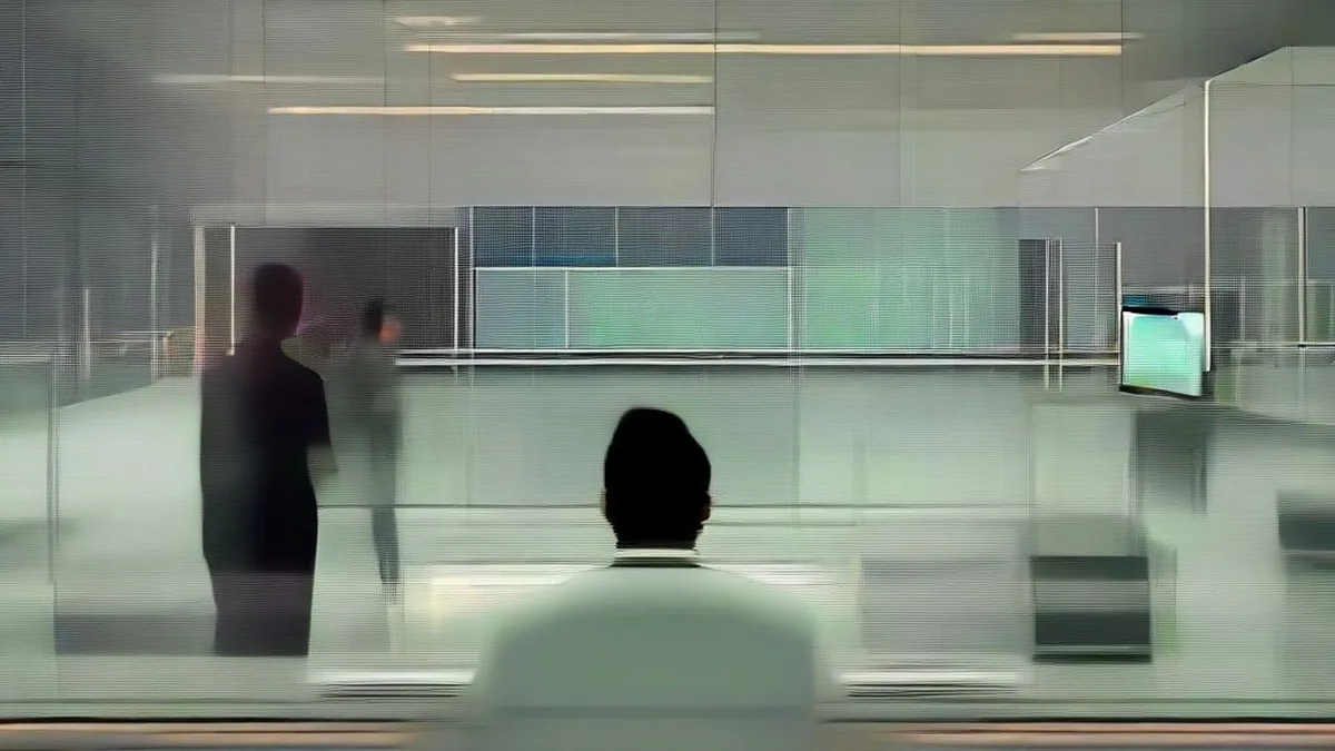 Financial analyst monitoring stock market trading screens inside a modern trading office