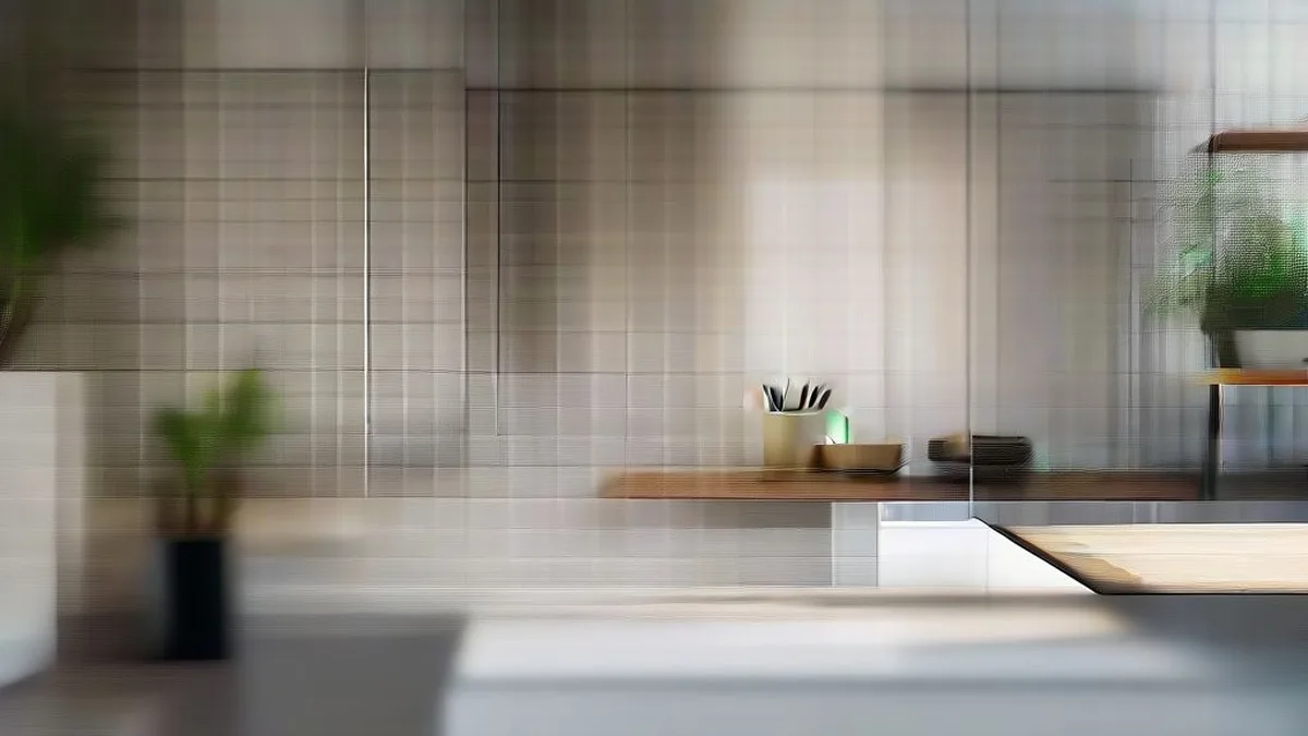 A wall-mounted smart display screen inside a modern bright kitchen living space