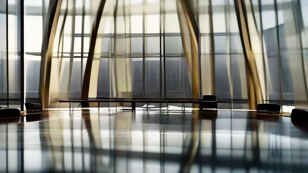 Modern executive boardroom table overlooking city skyscrapers through expansive windows