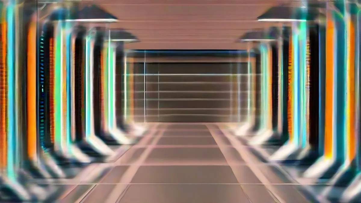 Data center server racks illuminated by subtle blue indicator lights in an enterprise facility