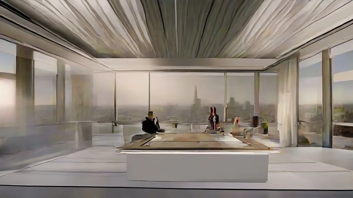 Financial professionals in a high-rise conference room discussing corporate strategy overlooking a city skyline