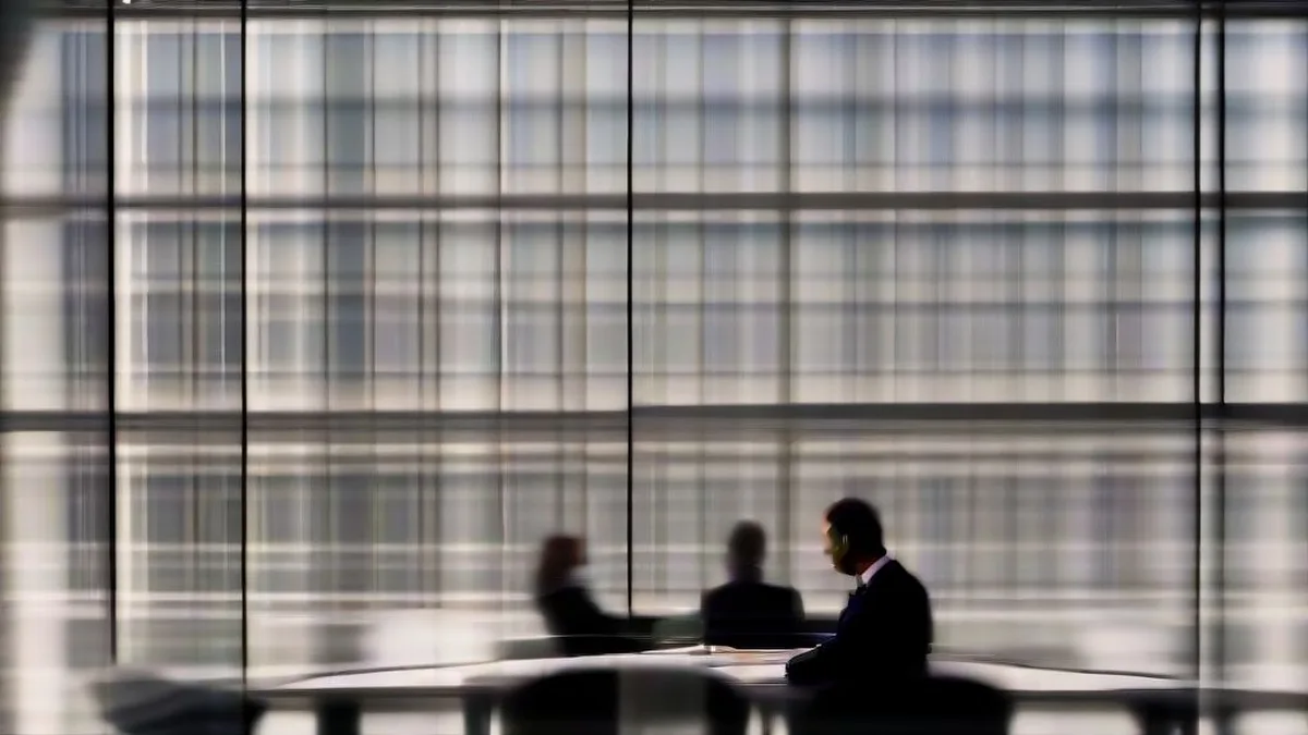 Corporate professionals in a modern glass boardroom discussing capital strategy against a city skyline
