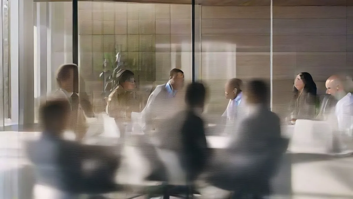 Corporate executives gathered around a conference table discussing risk disclosures and technology governance.