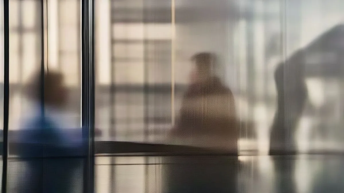 Corporate executives discussing investments inside a modern glass conference room overlooking a city skyline