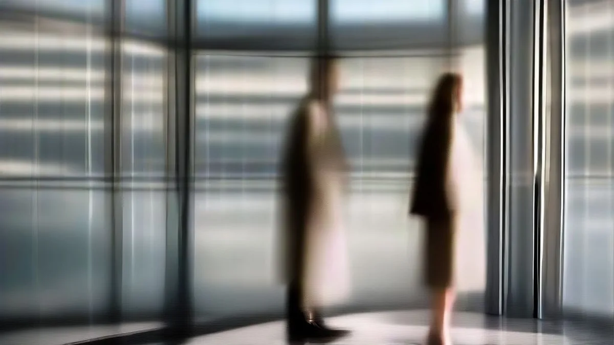 Two corporate professionals standing in a modern corporate office discussing business strategy.