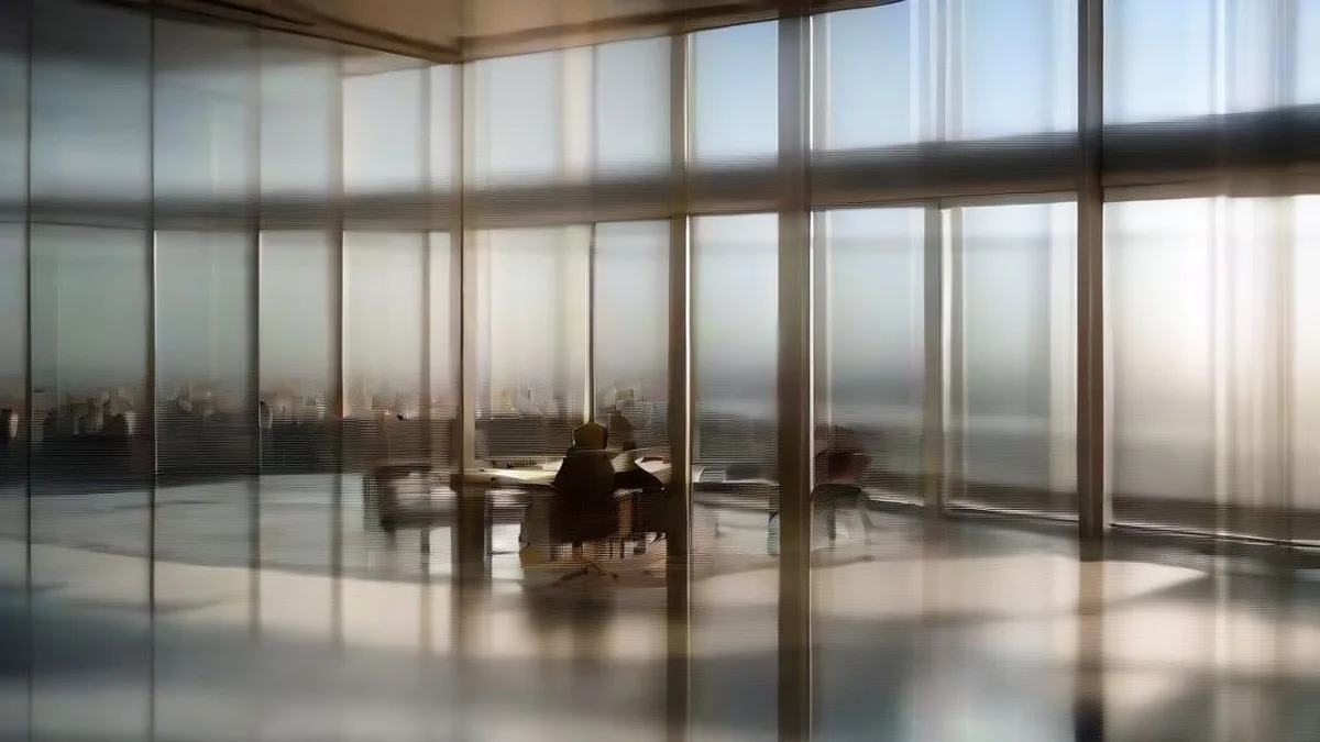 Financial strategists looking out over a city skyline from a high-rise executive boardroom