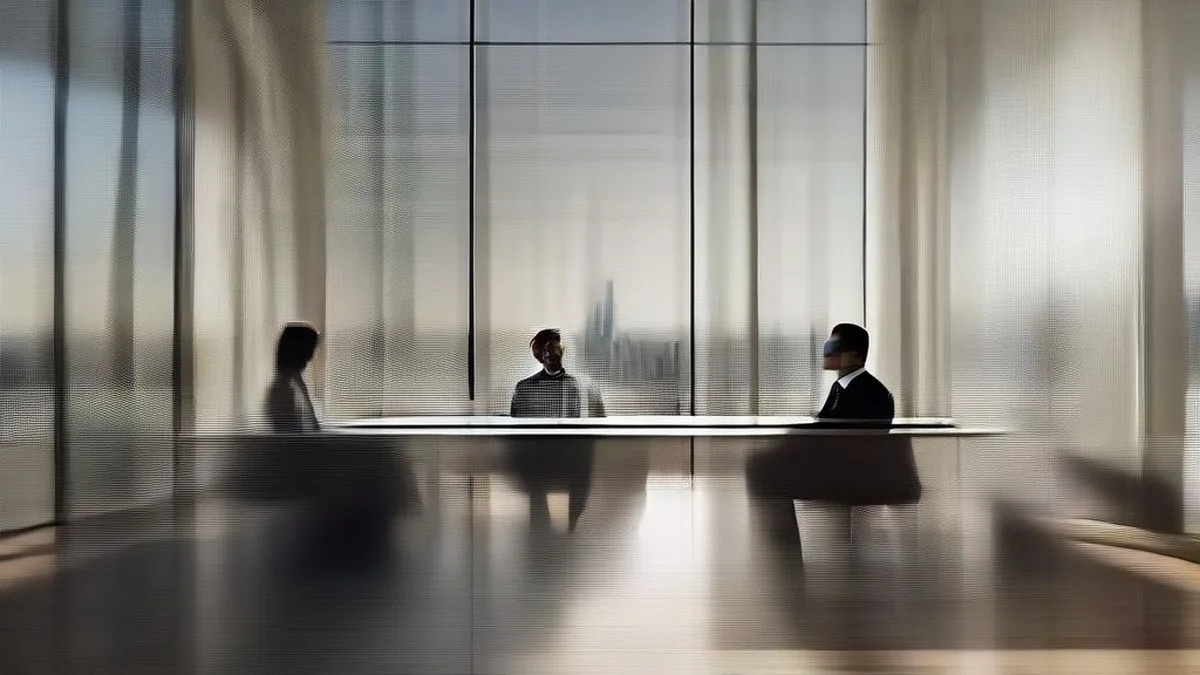 Corporate executives seated in a modern high-rise office during a private investment meeting overlooking a city skyline