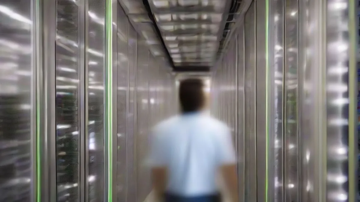 An engineer walking through a high-performance compute data center facility.