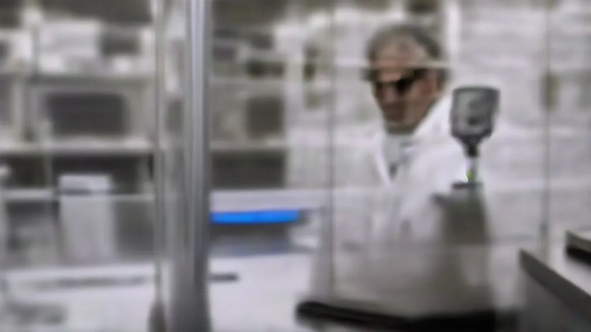 Biotech researcher in a modern laboratory analyzing data on computer monitors.
