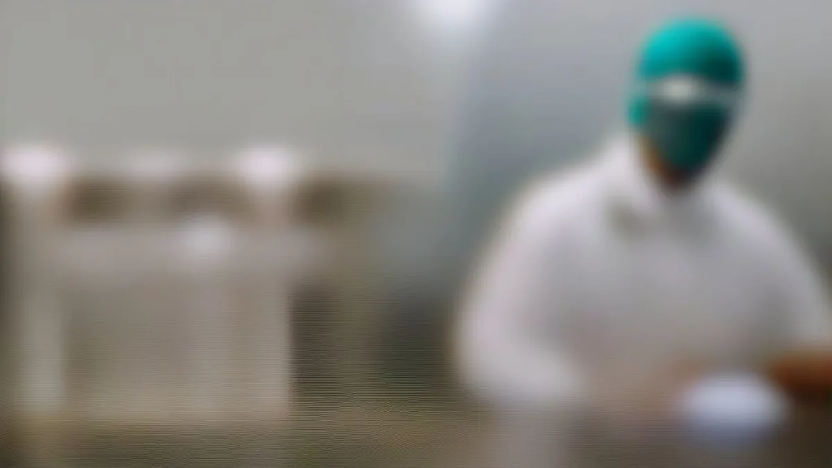 A scientist in safety goggles working in a biotechnology laboratory with computer workstations in the background.