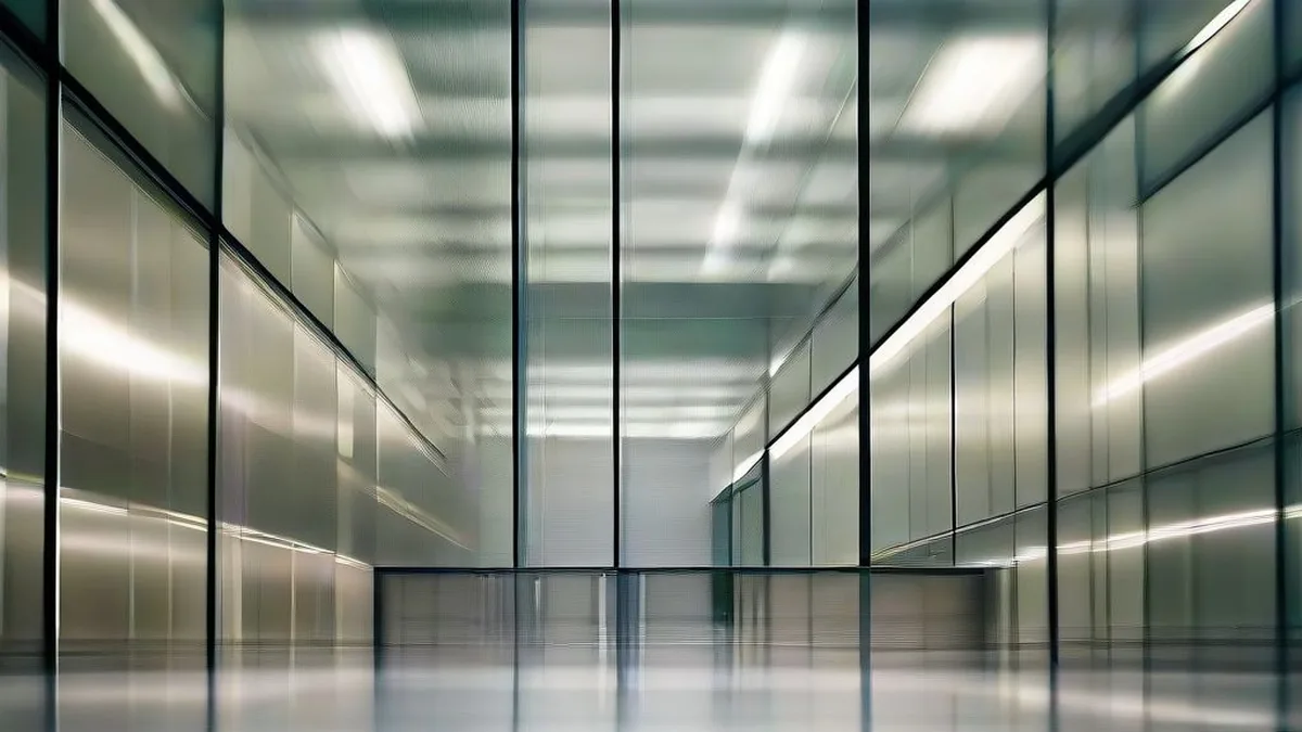 A business executive walking through a modern corporate tech headquarters corridor