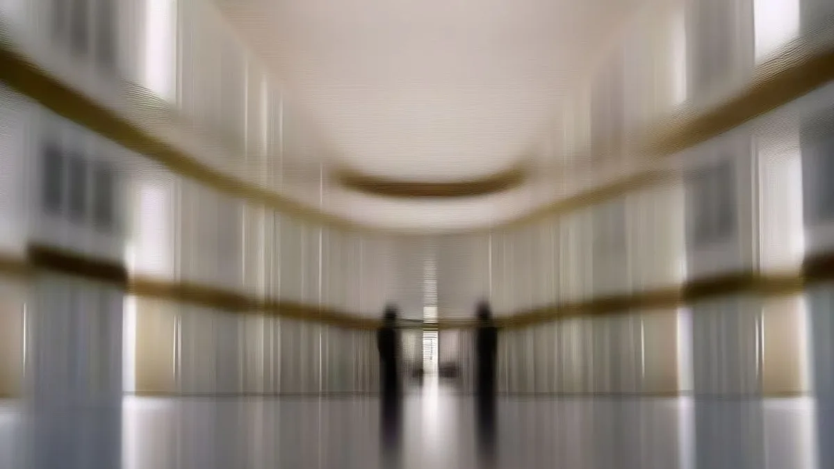 A lawmaker walking through the marble hallways of the U.S. Capitol surrounded by staff and press.