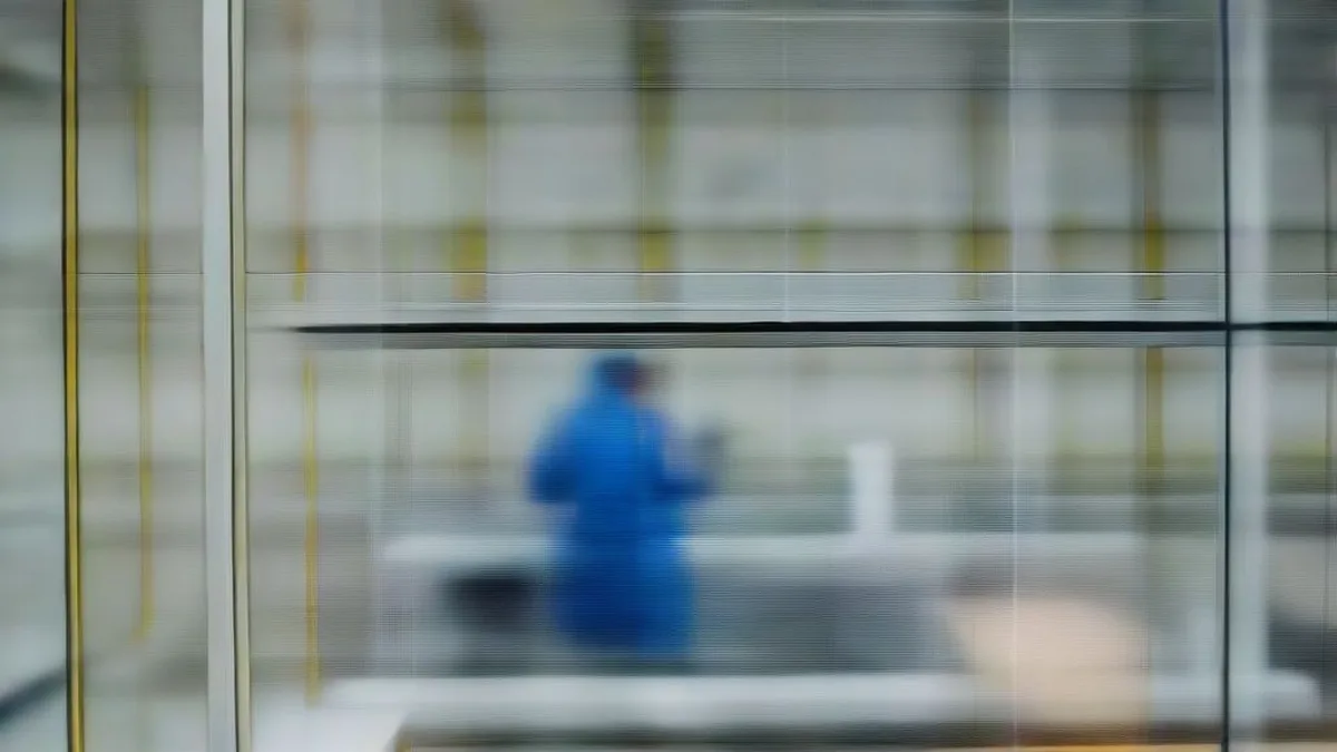 An electronics technician in a cleanroom coat inspecting smartphone components under laboratory lighting