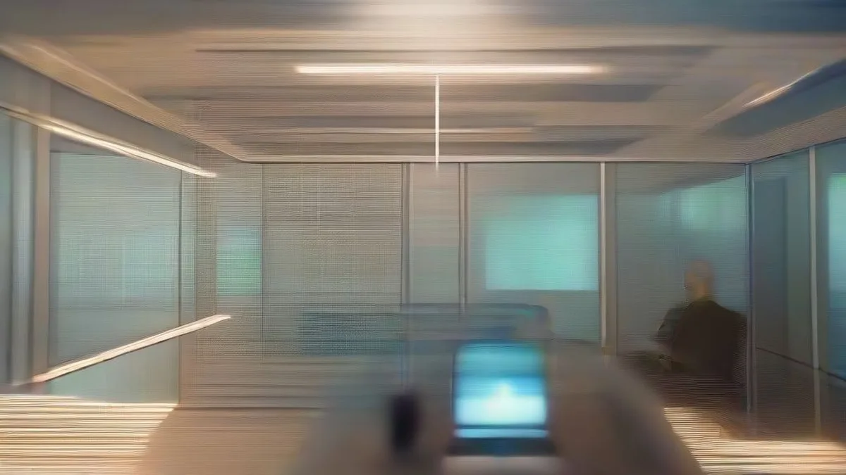 A software engineer working on an open laptop in an office setting with focused screen lighting