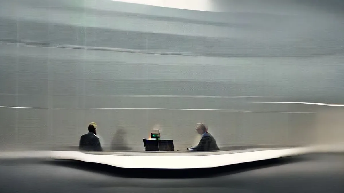 Economic delegates in a conference room overlooking an active commercial shipping port.