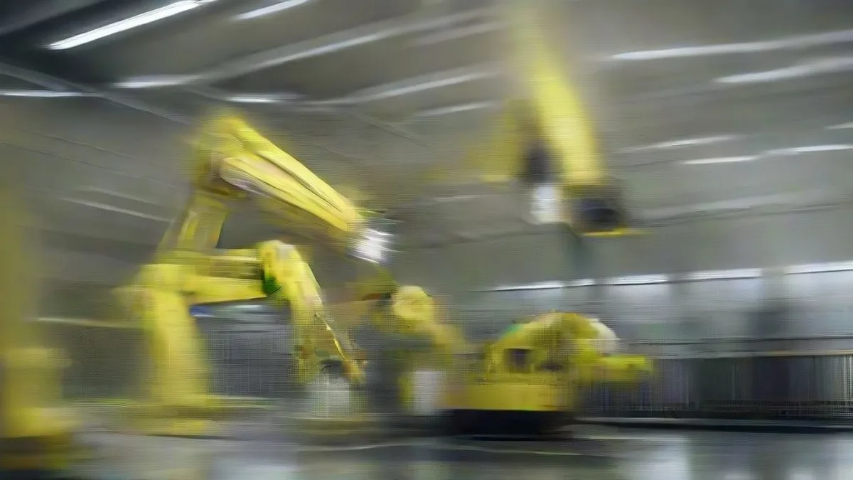 Industrial robotic welding arms assembling a car frame inside an advanced manufacturing facility
