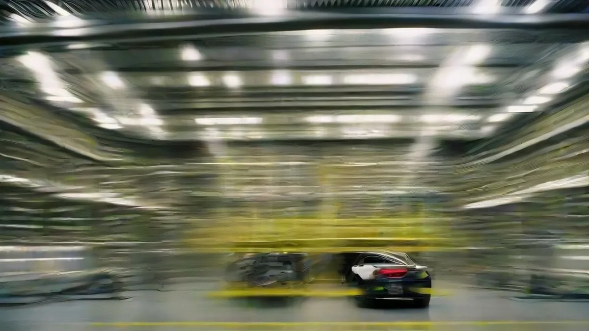 Automotive technicians working on a vehicle assembly line in a modern European manufacturing plant