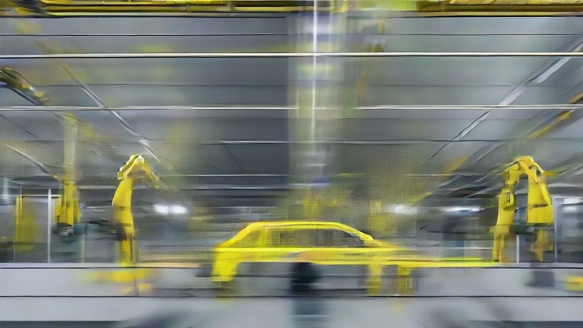 Modern automotive production line showing robotic assembly arms working on a vehicle chassis inside a high-tech manufacturing plant