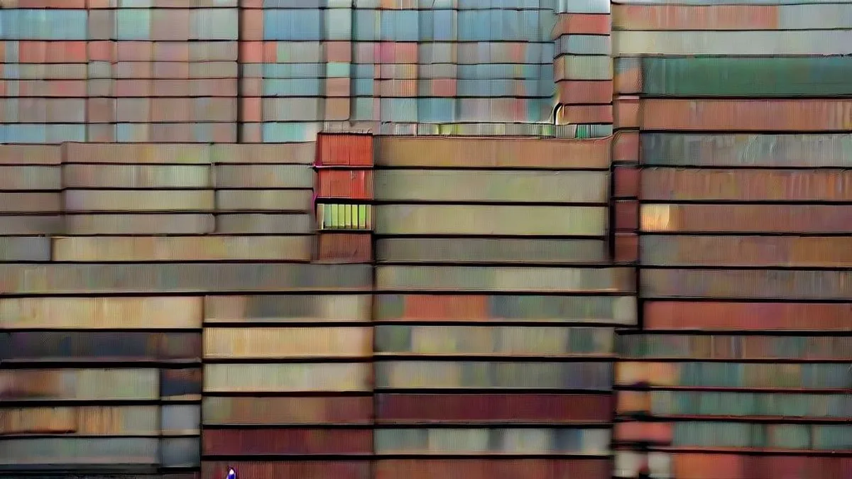 Industrial cargo containers and commercial transport trucks staged at an operational freight terminal