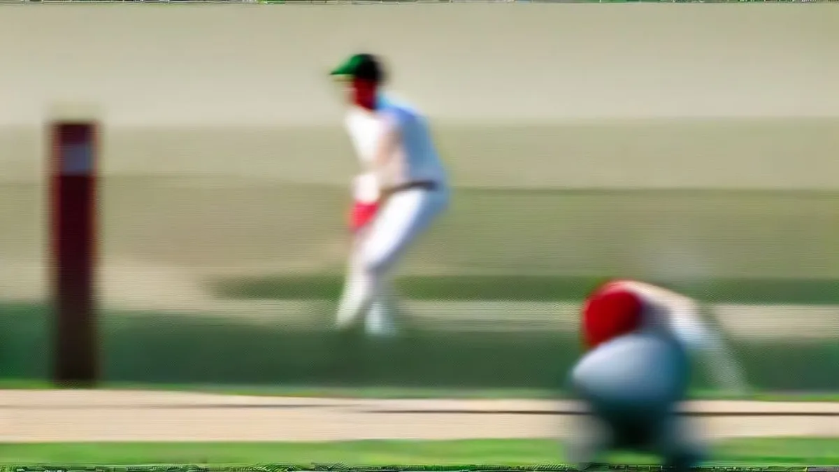 Cricket batter executing a forward stroke in white flannels on a turf pitch during a red-ball first-class match