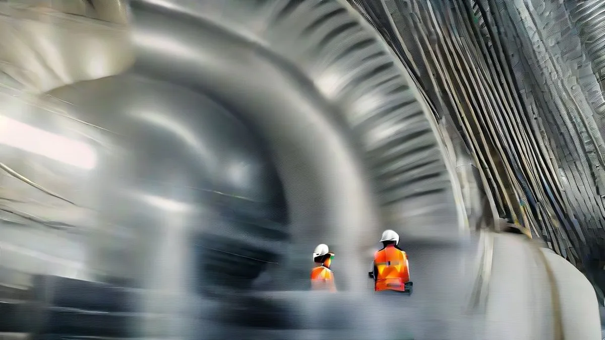 Industrial engineers inspecting modern gas turbine equipment inside an energy infrastructure facility