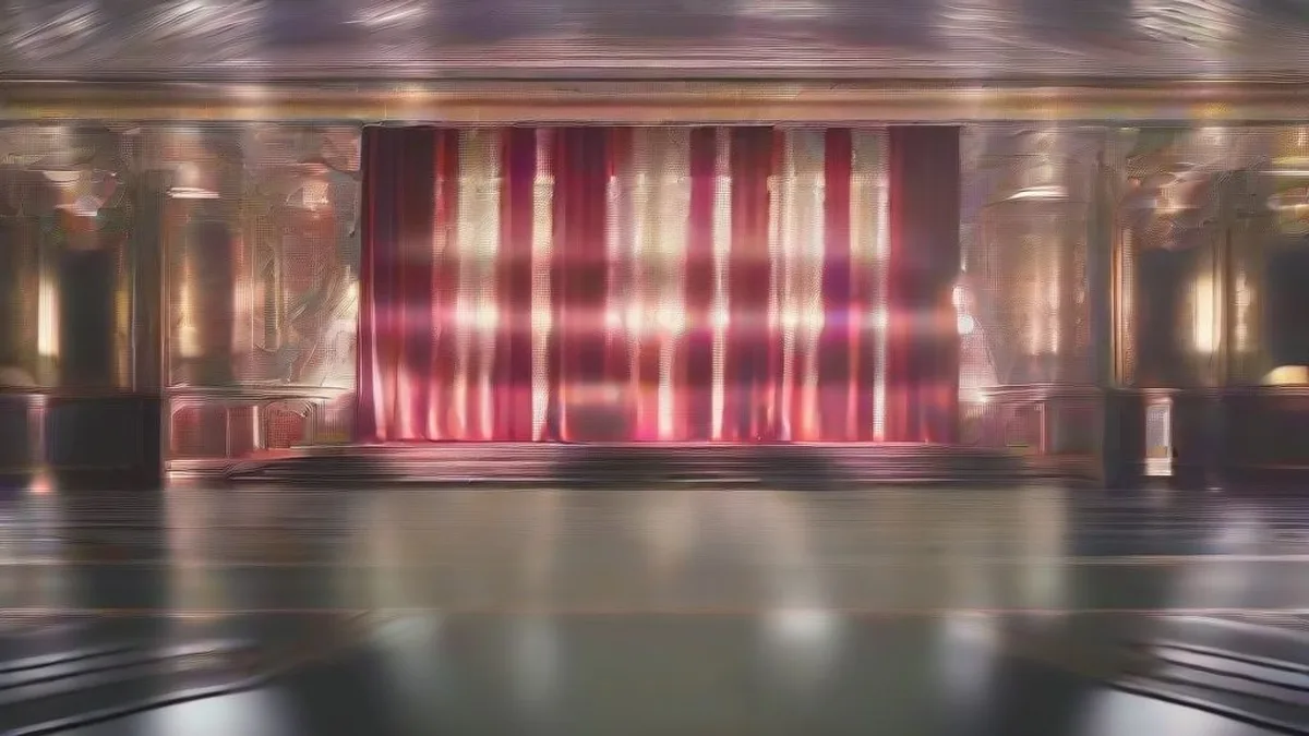 An illuminated empty stage in a grand European theater prepared for an international sports ceremony
