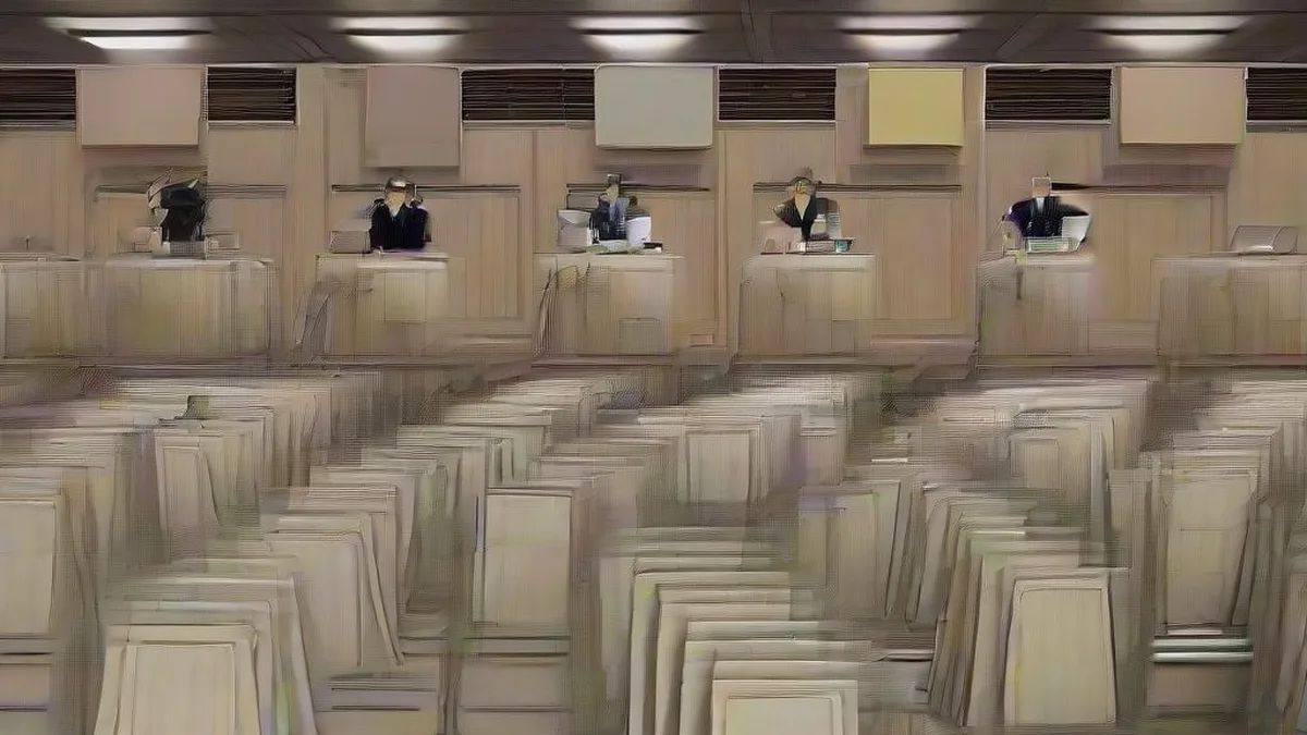 Financial journalists and camera operators assembled in a modern press room awaiting a central bank announcement.