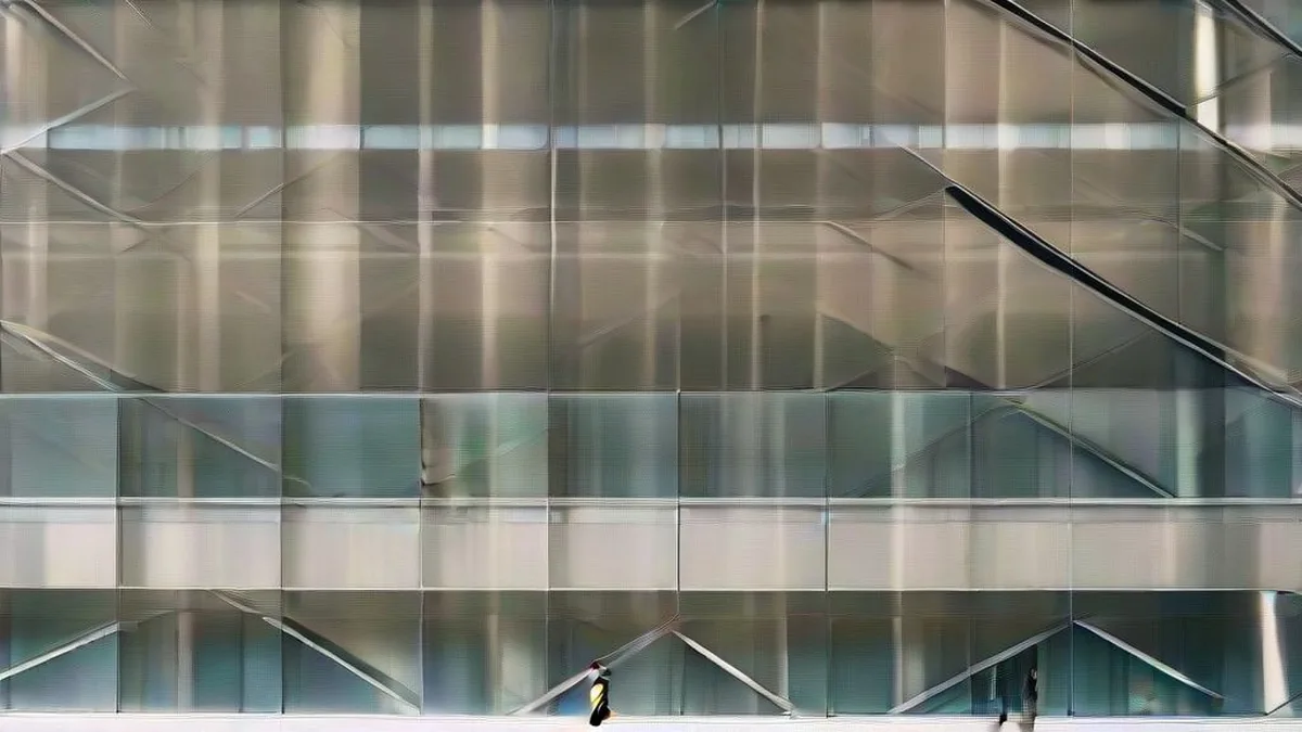 Commuters walking past modern corporate glass skyscrapers in a major financial center.