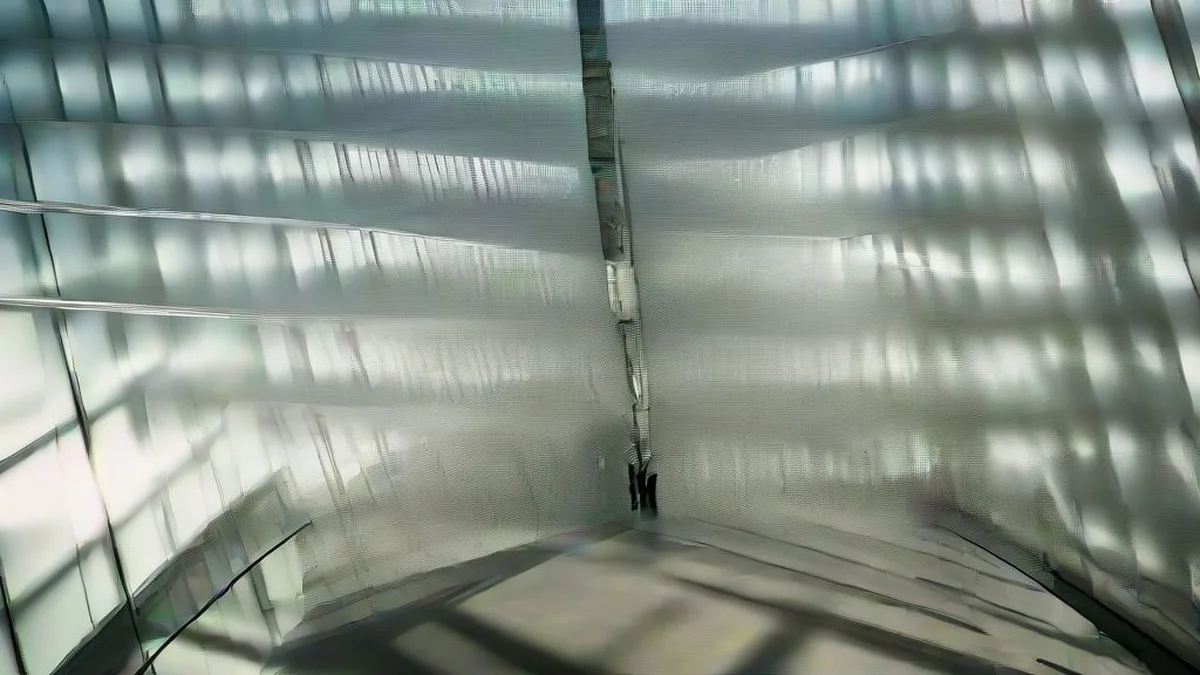 Modern corporate headquarters atrium with financial executives walking under natural morning light.