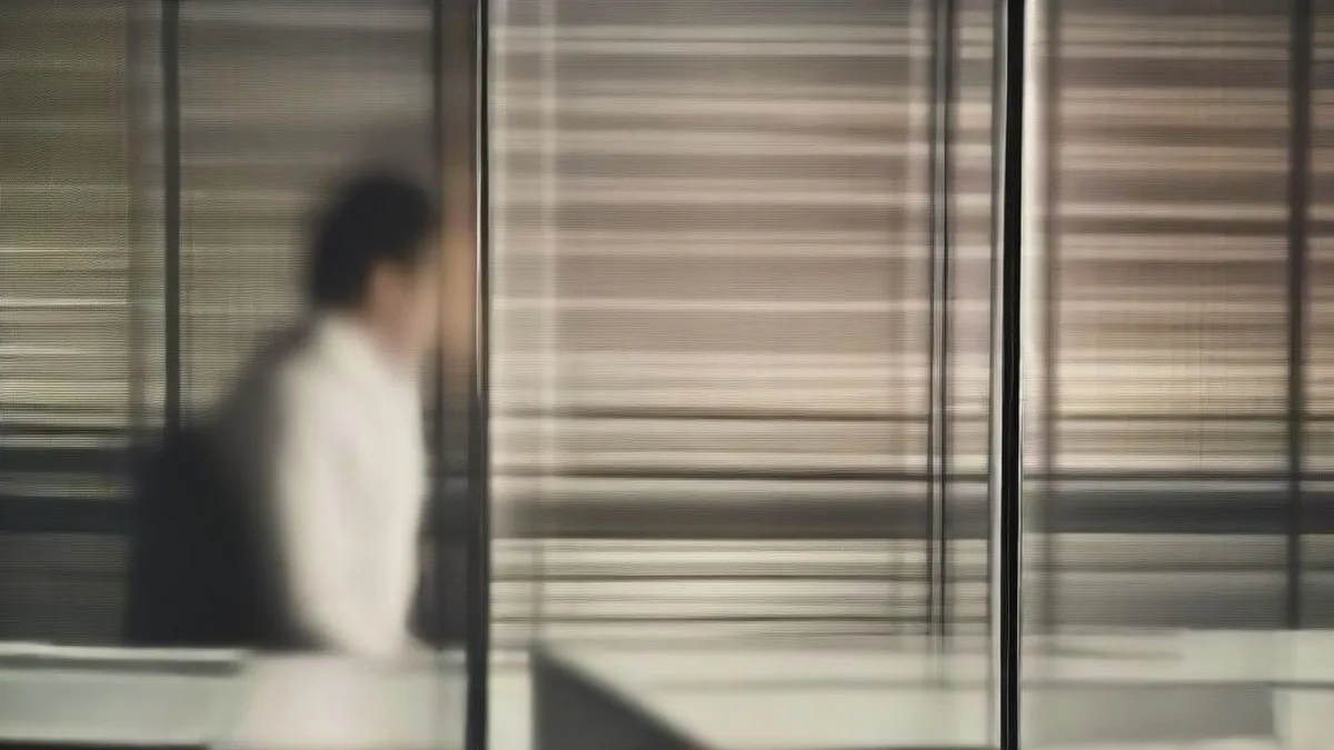 A financial trader working late at a desk in an office overlooking a city skyline during corporate earnings announcements.