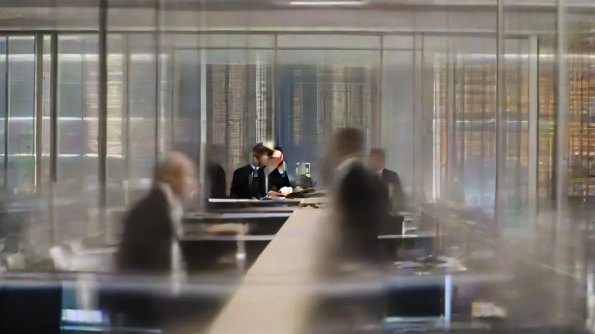 Financial analysts in an office reviewing digital asset market movements on computer screens