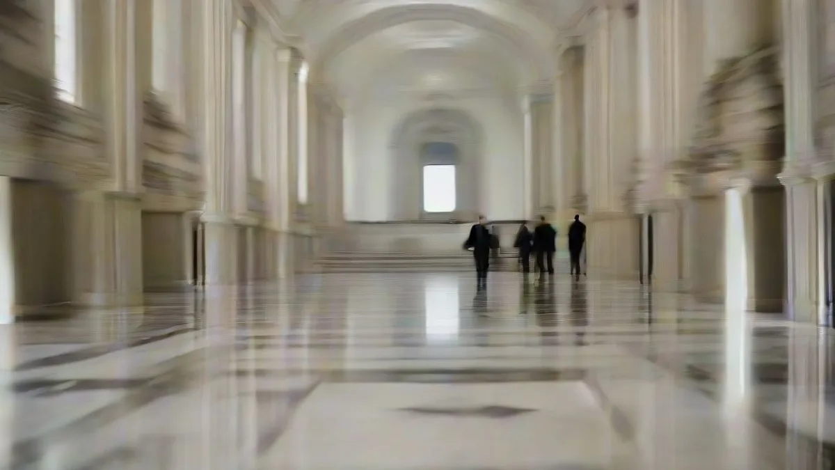 Sunlit interior marble hallway of a government capitol building with legislators walking in the background