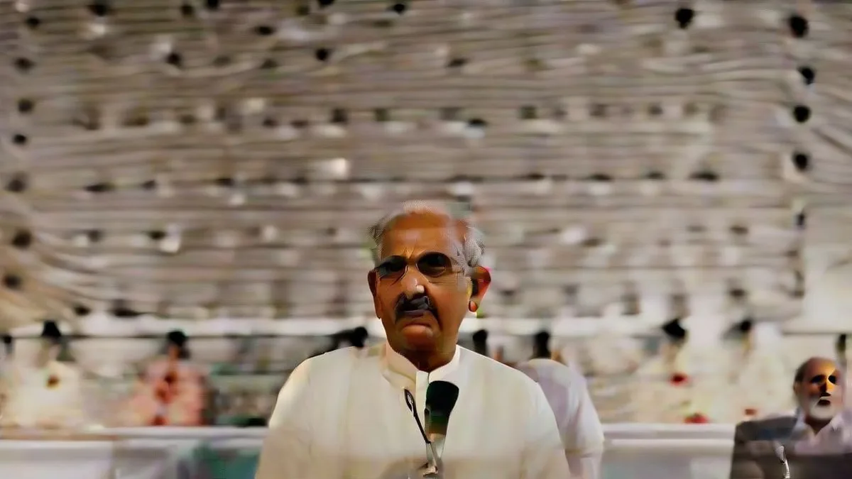Indian political leader addressing microphones at a press conference in Bengaluru