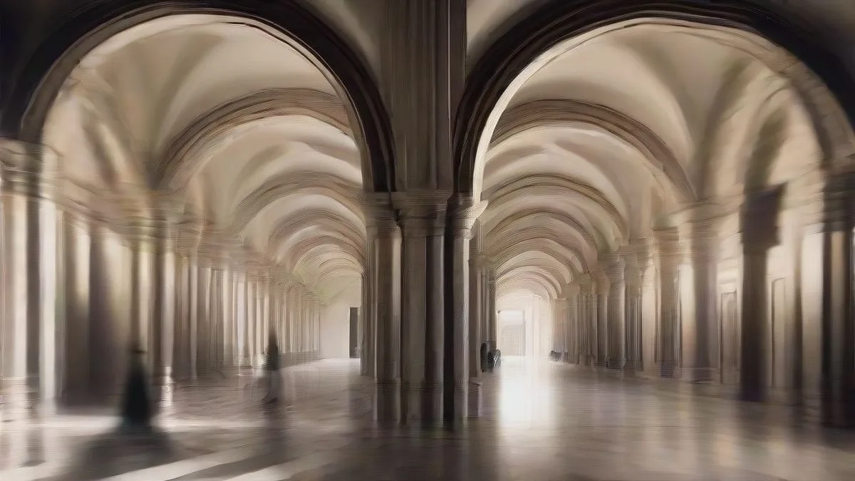 Exterior view of the Allahabad High Court corridors with advocates in black gowns walking between stone pillars.