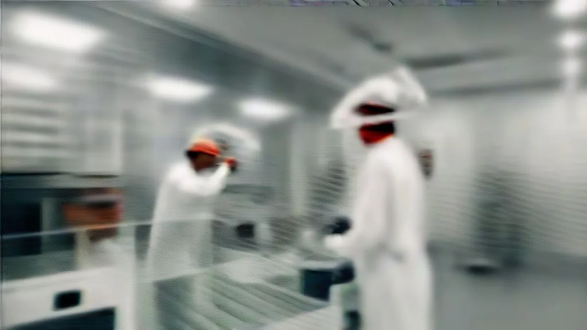Laboratory technicians in protective cleanroom suits inspecting specialized equipment in a medical manufacturing facility.