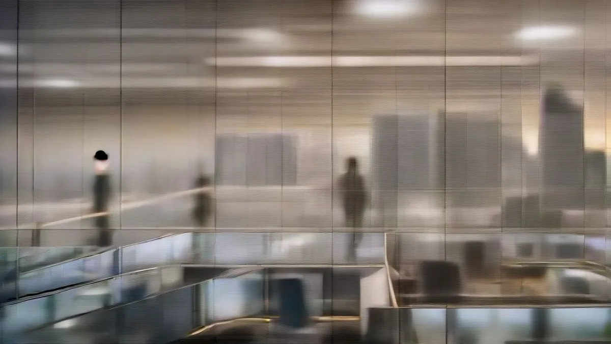 Traders working inside a modern high-rise office overlooking city towers during late afternoon