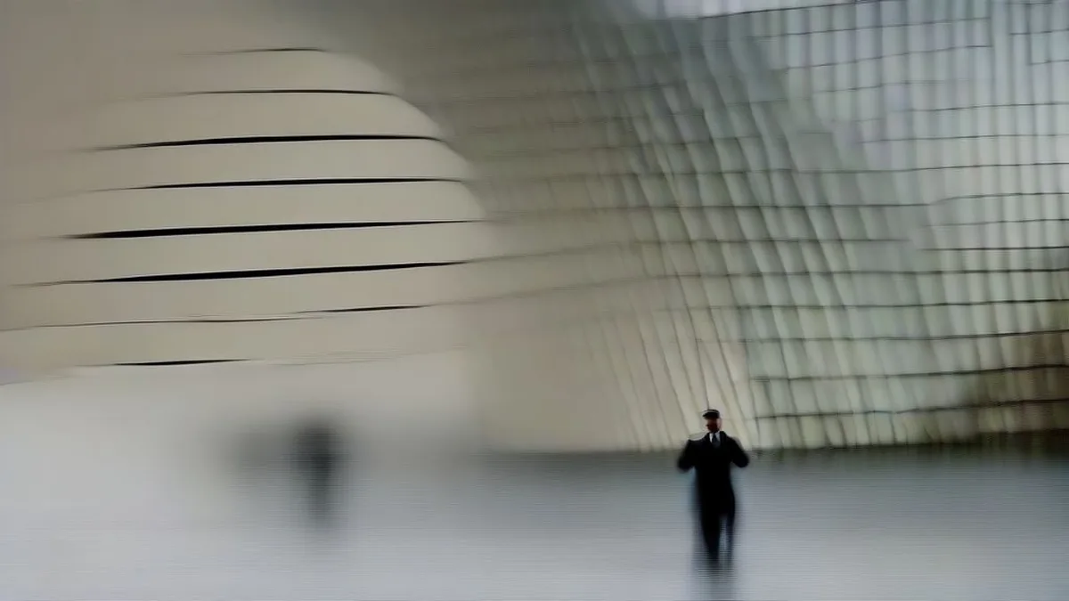 Modernist government building in Brasilia at dusk with diplomatic figures walking on stone plaza