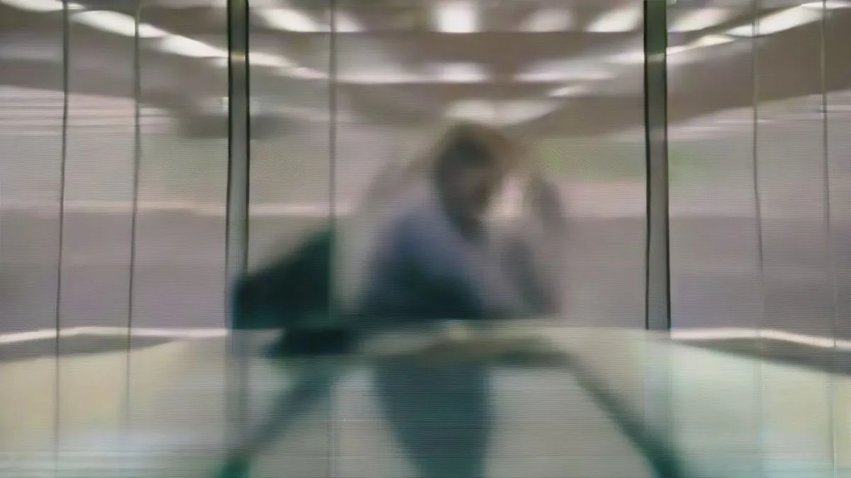 A financial trader at a trading desk in a corporate office reviewing monitors during a market downturn