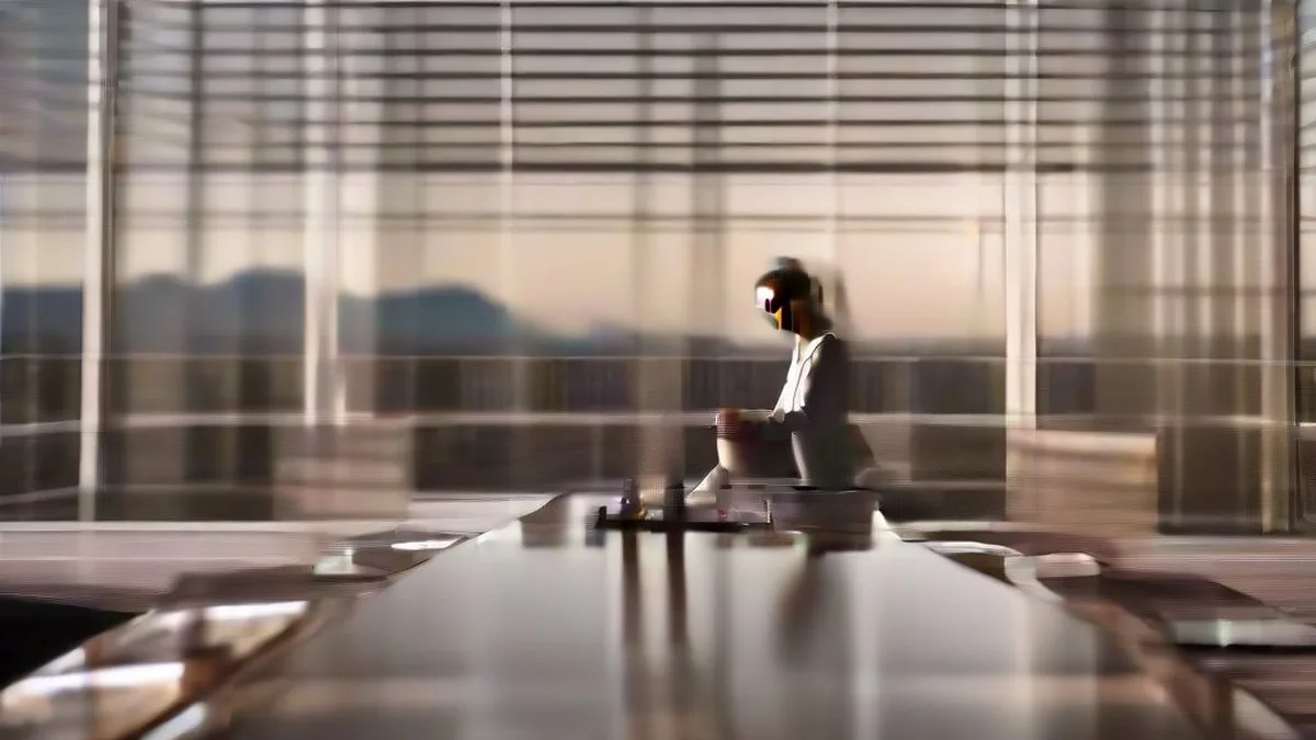 A corporate executive sitting thoughtfully at a conference room table reviewing documents in a modern office.